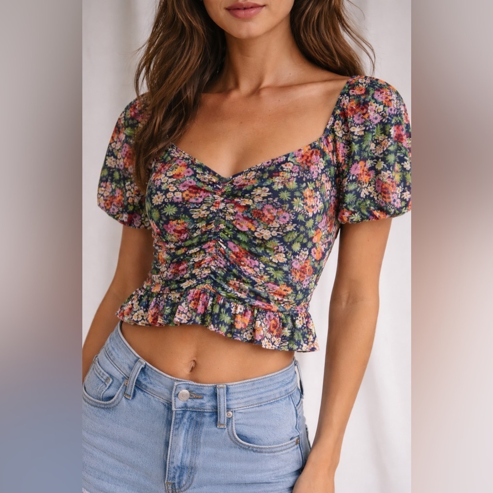 Urban Outfitters Floral Puff Sleeve Ruched Peplum Top XS